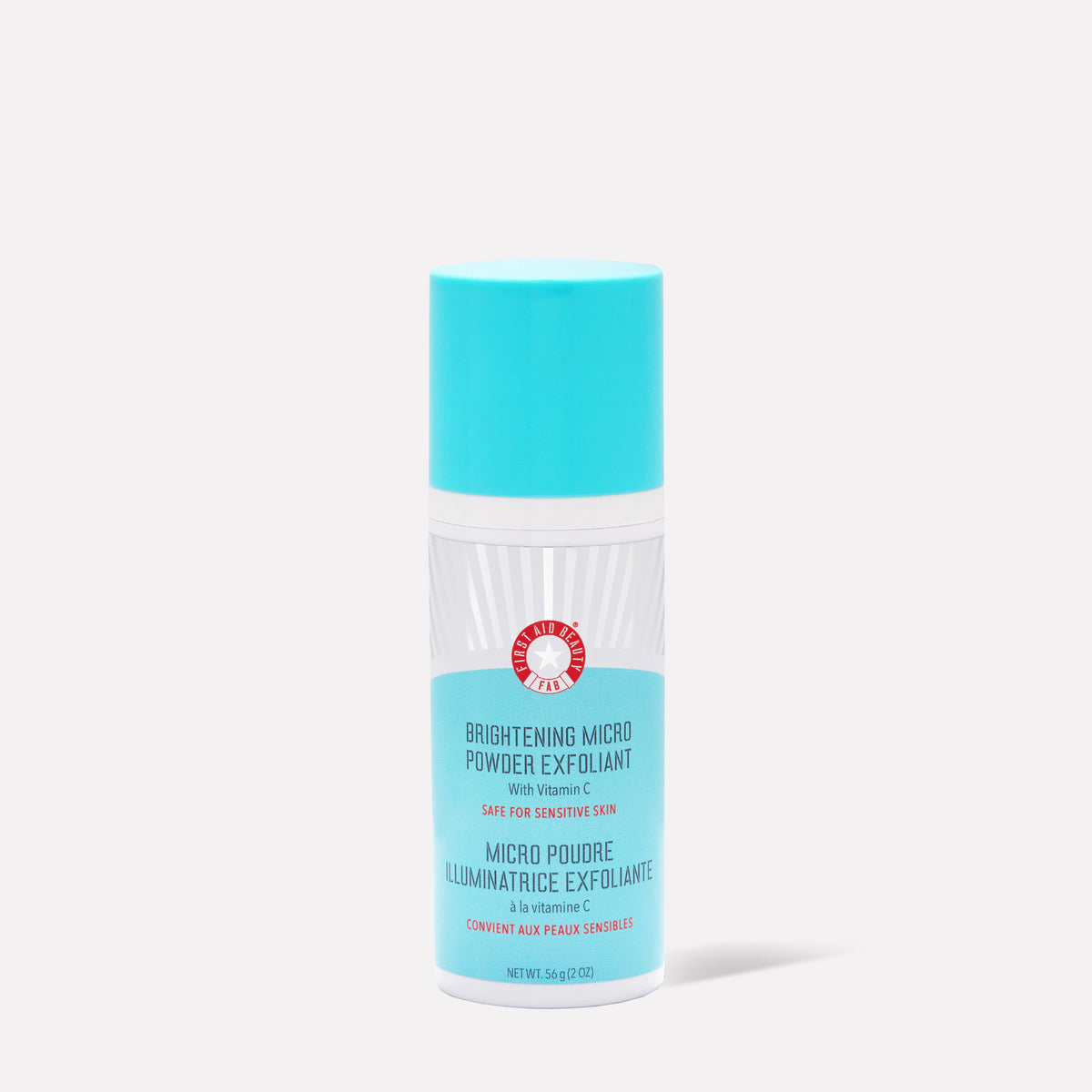 A cylindrical container stands upright, featuring a blue cap and label, reading: "Brightening Micro Powder Exfoliant with Vitamin C. Safe for Sensitive Skin. Net Wt. 56g (2 oz)." Set against a plain background.